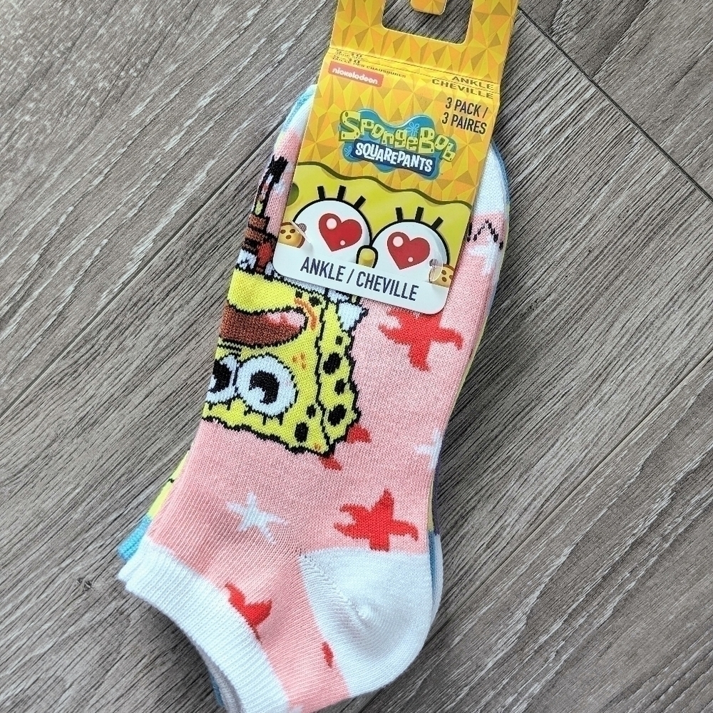 Brand New with Tags SpongeBob Square Pants Ankle Crew Socks 3 Pack